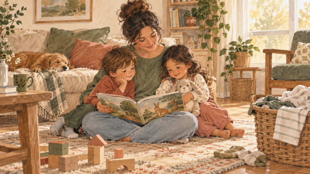 Parent reading with children in a warm lived-in home during an ordinary peaceful moment