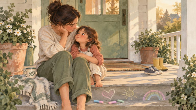 Parent listening with care as a school-age child shares a difficult experience on a quiet porch