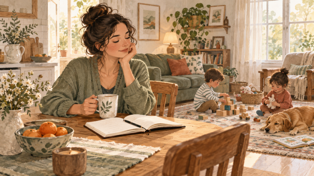 Parent taking a quiet cup-of-tea break in a calm home while children play nearby