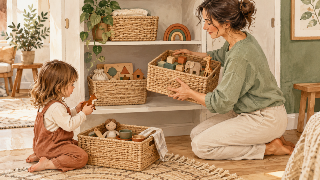 Illustrated parent rotating a small selection of toys for a child