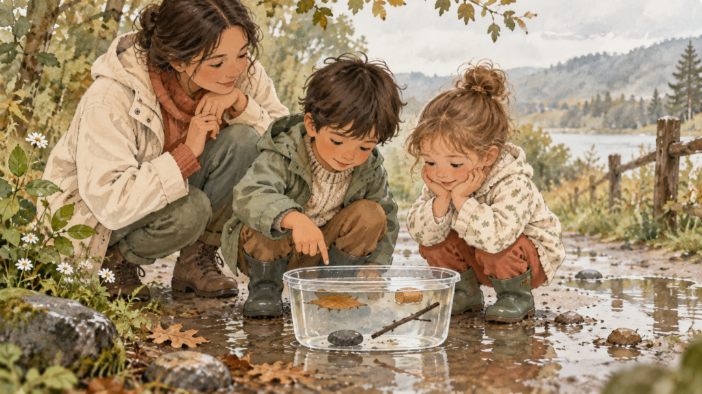 Children testing which natural objects float or sink during an outdoor water exploration