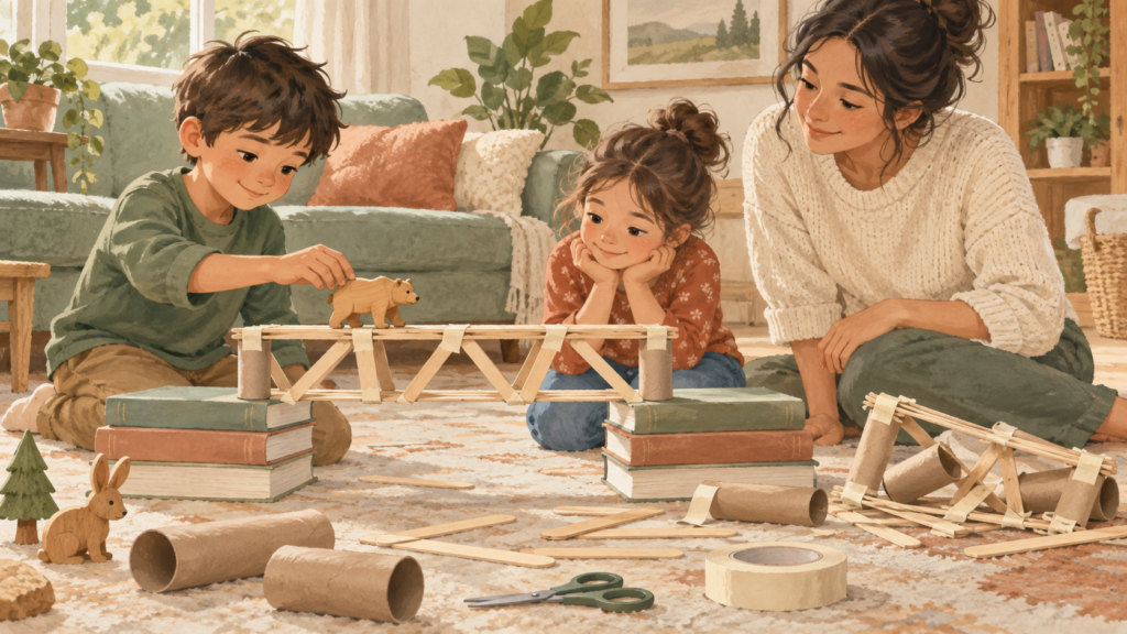 Children testing a handmade bridge and learning through redesign and problem-solving