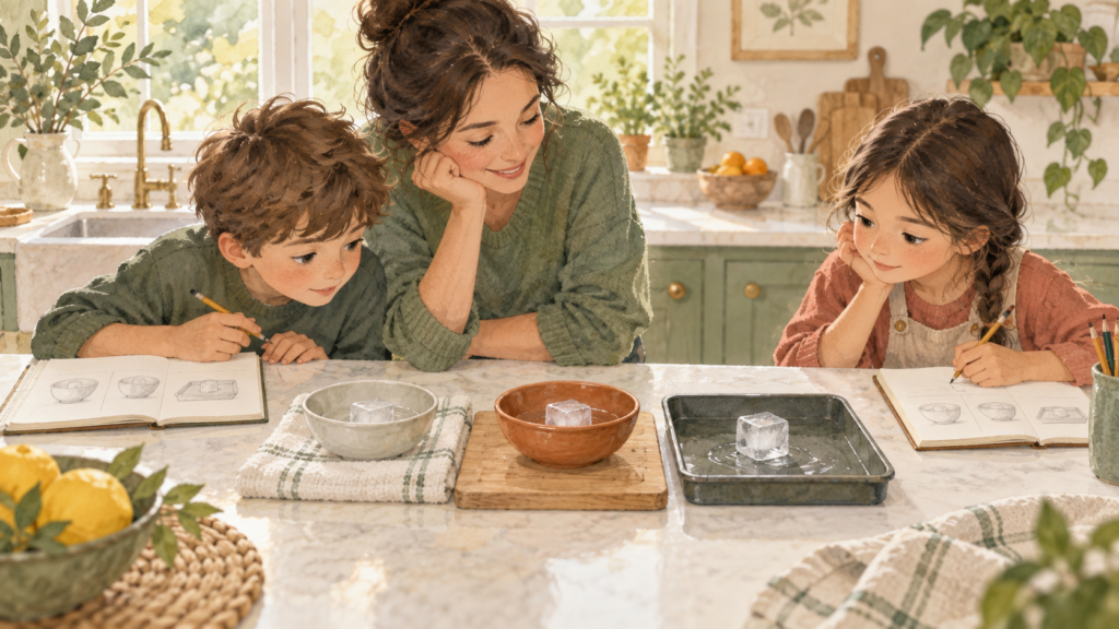 Parent and children observing melting ice in different containers during a simple home science investigation