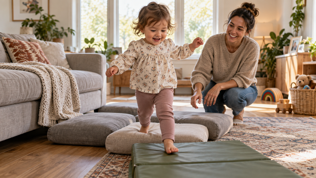 Toddler enjoying safe indoor movement play at home
