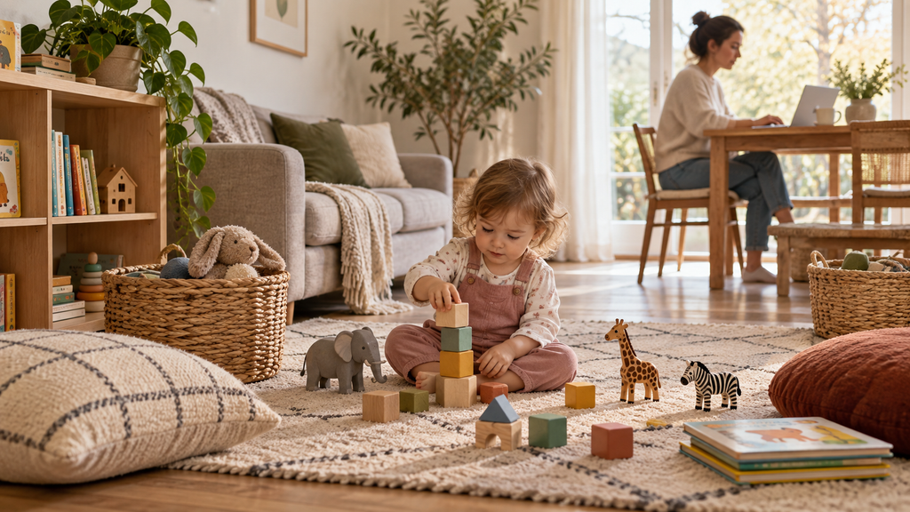 Toddler independently playing in a simple home play space