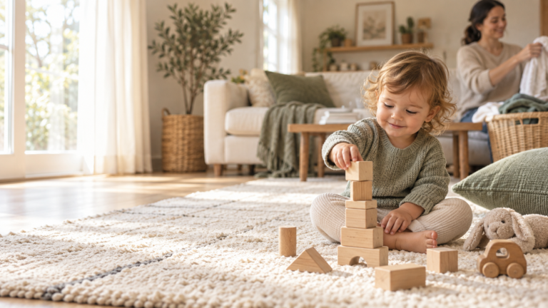 Toddler building with wooden blocks at home while a parent folds laundry nearby