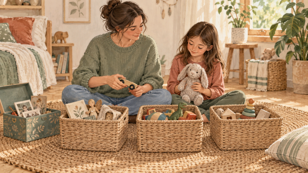 Illustrated parent and child thoughtfully sorting toys together
