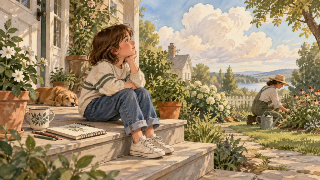 Child quietly watching clouds with a sketchbook while a parent gardens nearby