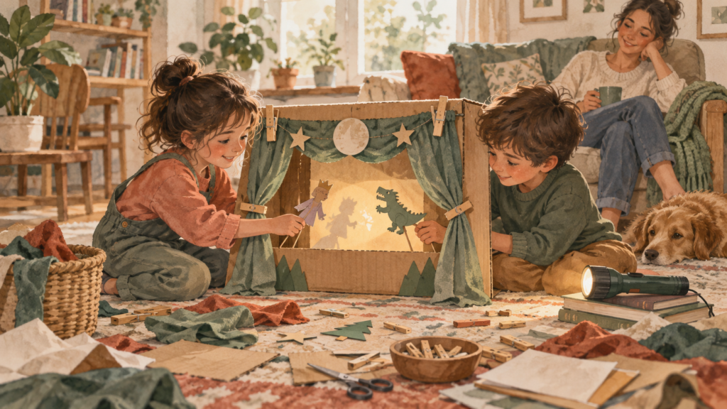 Children creating a cardboard puppet theater during independent unstructured play