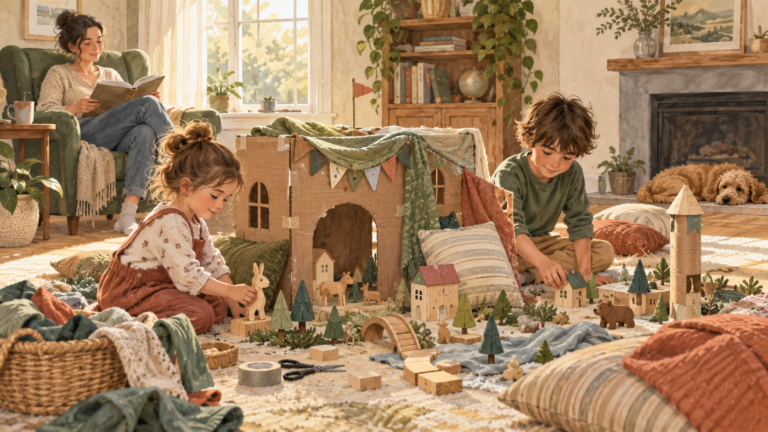 Children creating an imaginative cardboard play town while a parent reads nearby