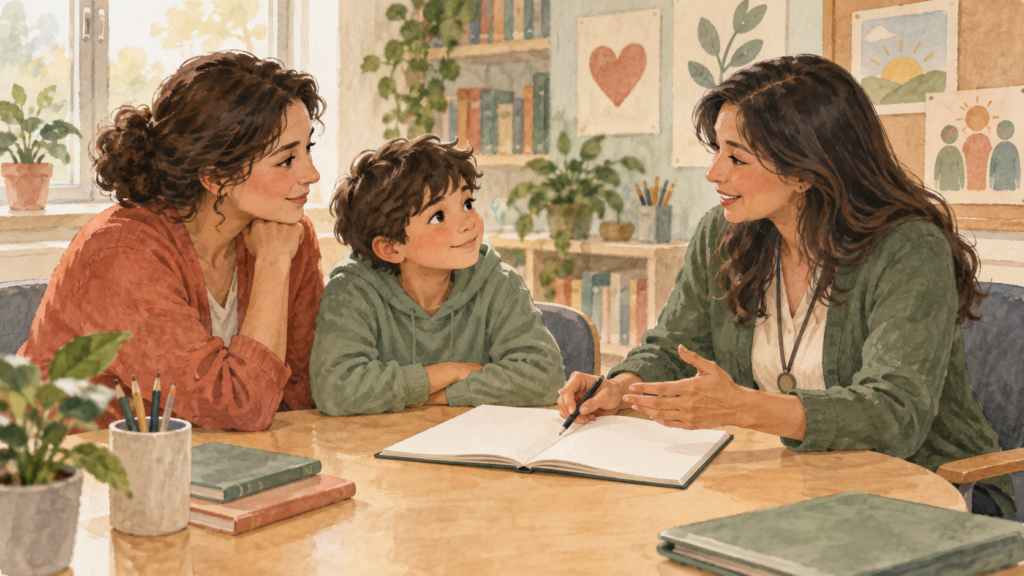 Parent, child, and school counselor meeting calmly to create a supportive school plan