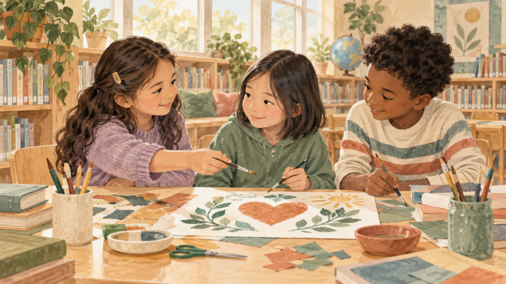 Three school-age children collaborating on an art project in a welcoming school library