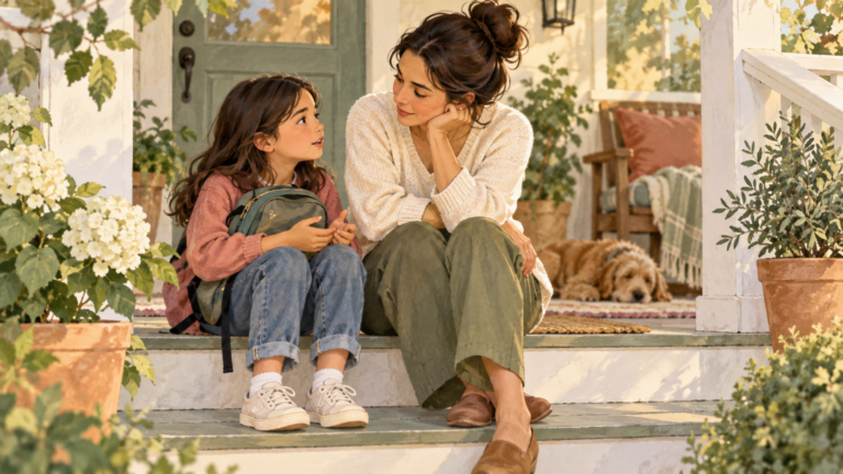 Parent listening with care as a school-age child shares a difficult experience on a quiet porch