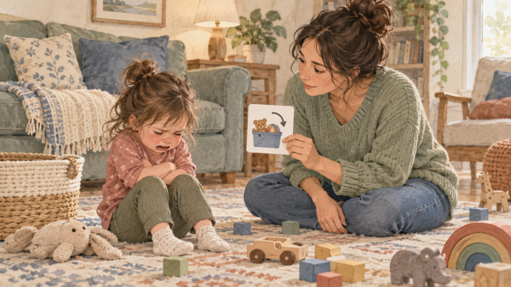 Mother helping her 3-year-old through a difficult transition with a simple visual cue.