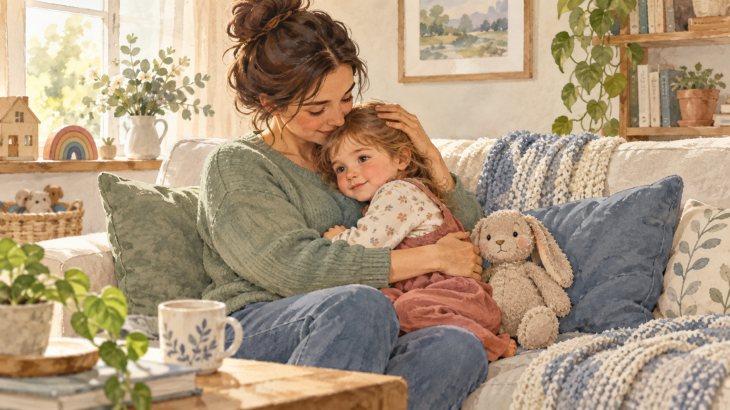 Mother comforting her 3-year-old after a tantrum as they reconnect on the sofa.