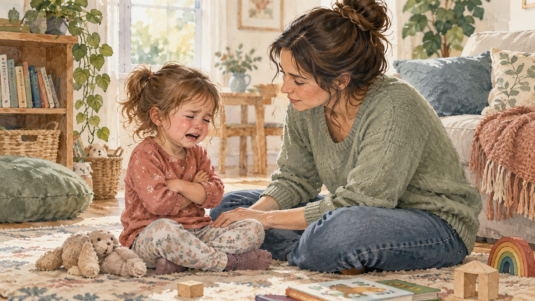 Mother calmly staying close to her upset 3-year-old during a tantrum at home.