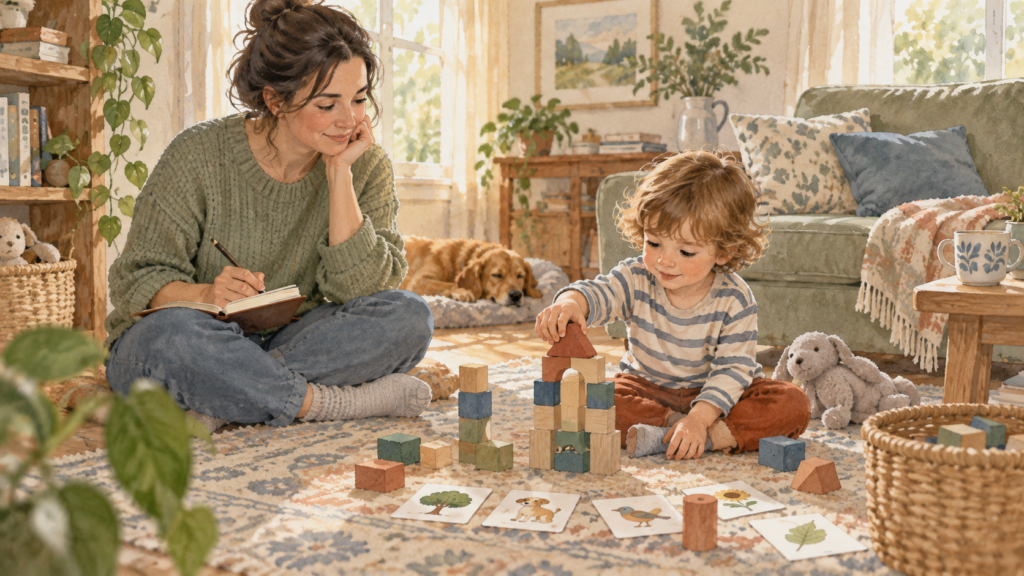 Parent noting observations while her preschooler plays with building blocks.