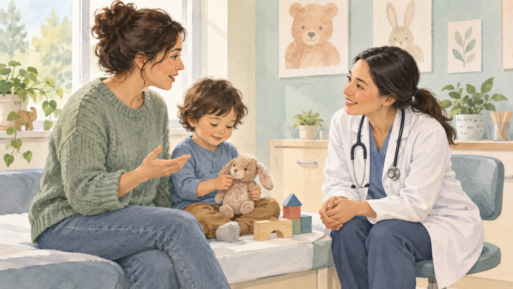 Parent discussing developmental concerns with a pediatrician as the child plays nearby.
