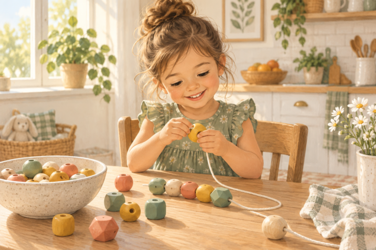 Illustration of a four-year-old threading large colorful beads at a kitchen table
