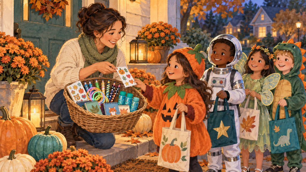 Parent offering non-food treats to children in cheerful costumes on an autumn porch
