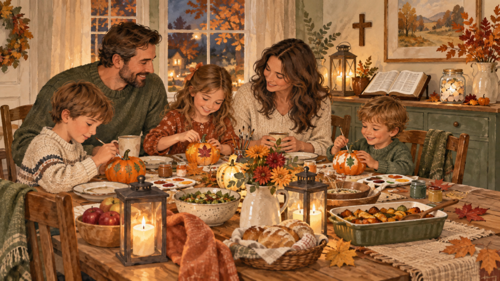 Family creating a joyful autumn tradition by decorating pumpkins and sharing a meal together