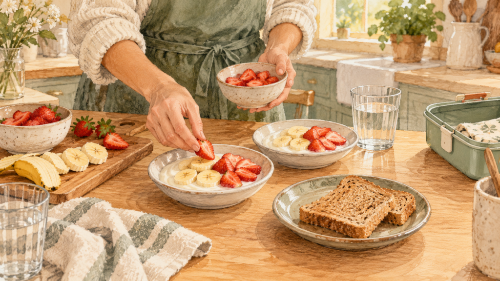 Watercolor illustration of an adult preparing bowls of yogurt with sliced banana and strawberries beside toast and water.
