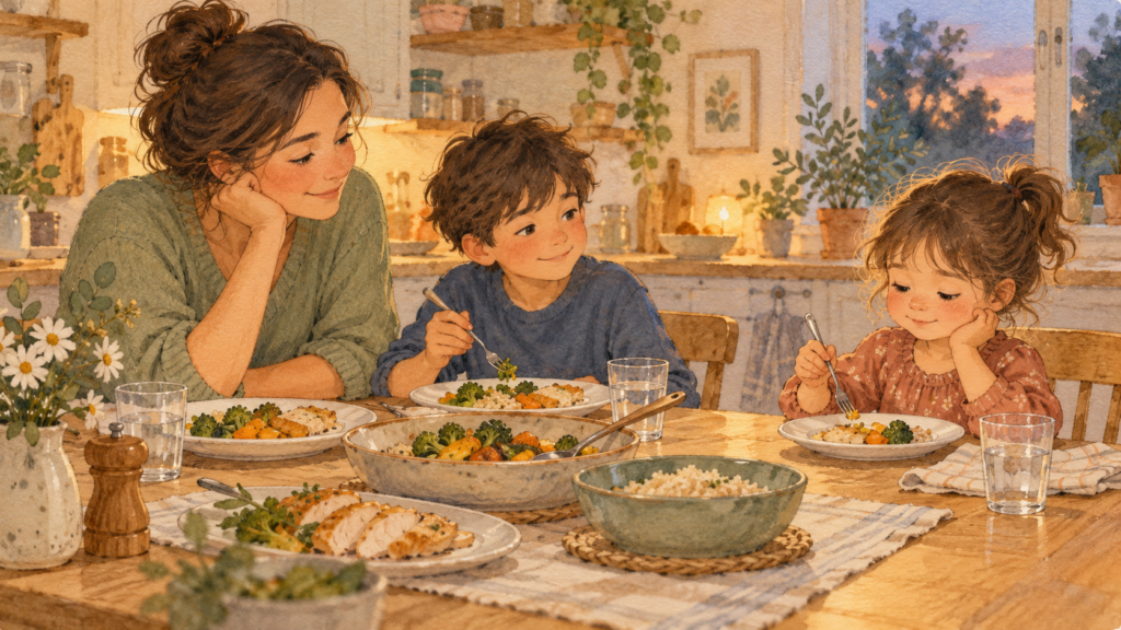 Watercolor illustration of a mother and two children sitting calmly together at dinner with rice, cooked vegetables, and chicken.