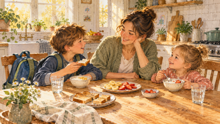 Watercolor illustration of a mother sitting with a school-age child and preschooler at the kitchen table during an afternoon snack.