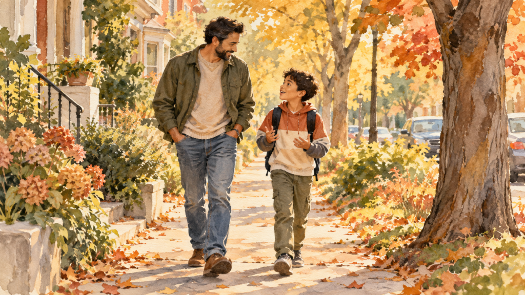 Father and son talking during a quiet walk through their neighborhood