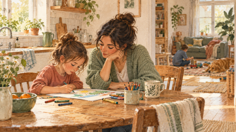 Mother giving one child her full attention while they draw together at the kitchen table