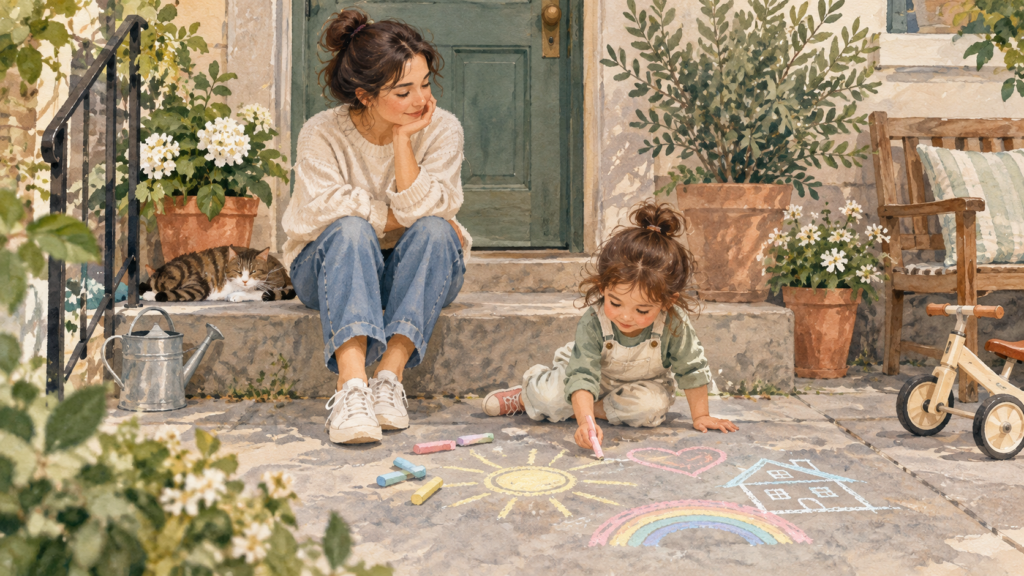 Parent sitting nearby as a child draws with sidewalk chalk outside their home.