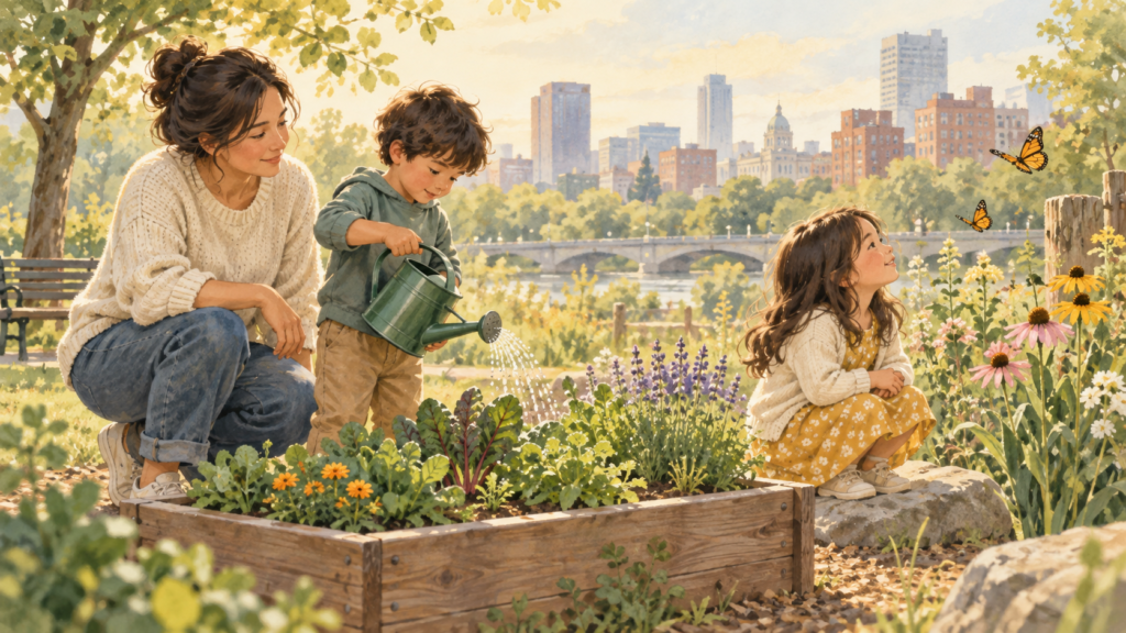 Parent and children tending a small community garden together.