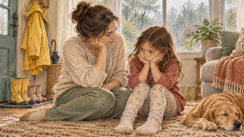 Watercolor illustration of a mother sitting beside a disappointed child near a rain-speckled window
