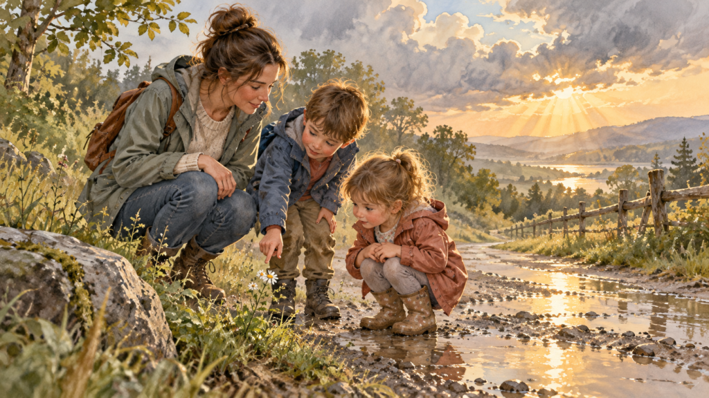  Watercolor illustration of a mother and two children noticing a small flower beside a path after the rain. 