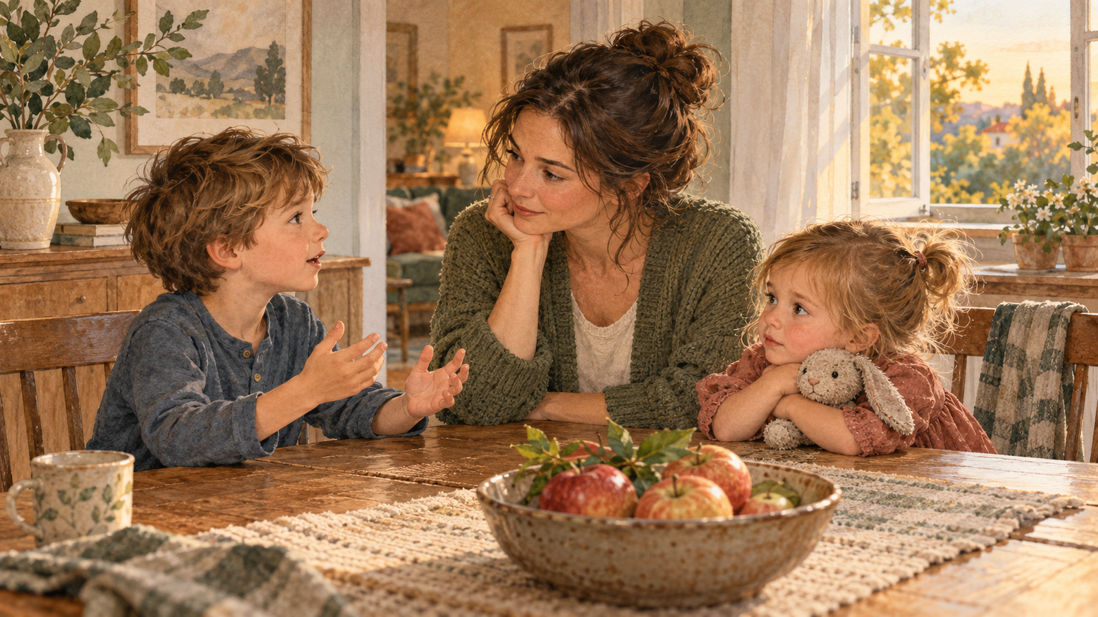 Watercolor illustration of a mother listening to her son while her younger daughter sits beside them at the family table.