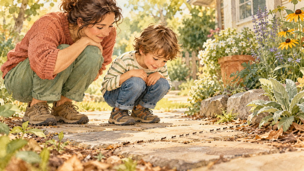 Watercolor illustration of a parent and child watching a line of ants on a garden path.