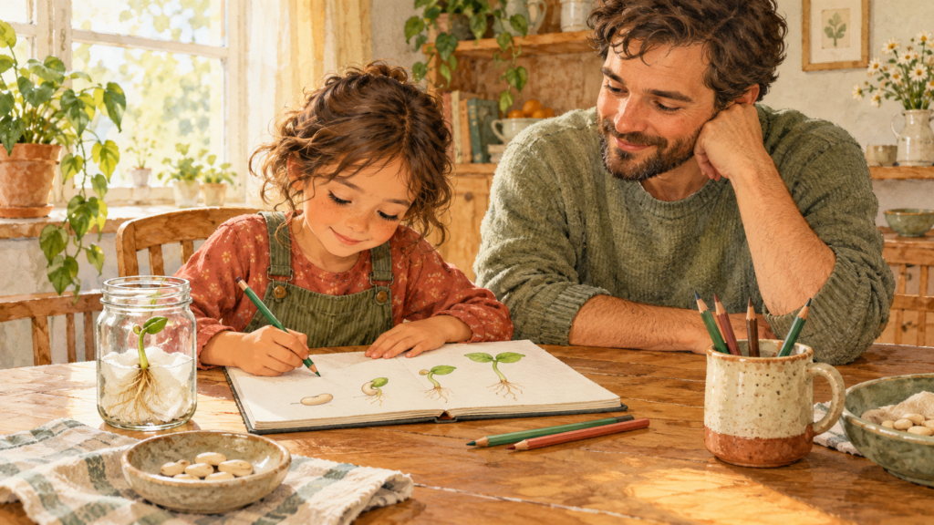 Watercolor illustration of a child drawing the stages of a sprouting bean while a parent watches nearby.
