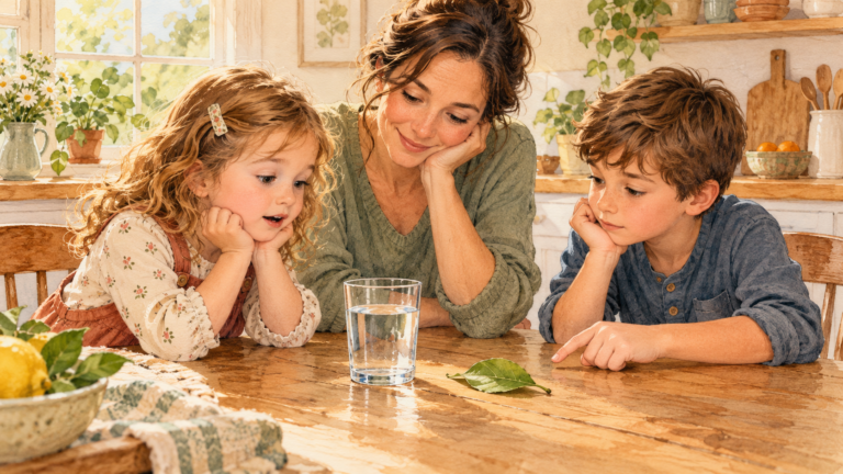 Watercolor illustration of a mother and two children wondering together about a leaf and a glass of water at the kitchen table.