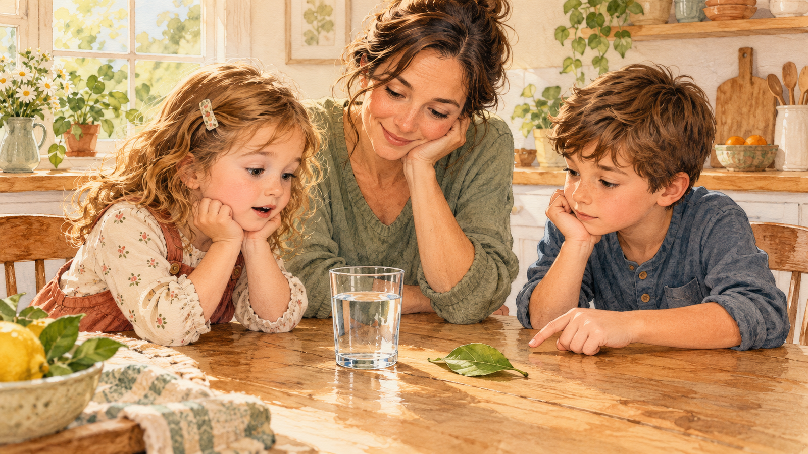 Watercolor illustration of a mother and two children wondering together about a leaf and a glass of water at the kitchen table.