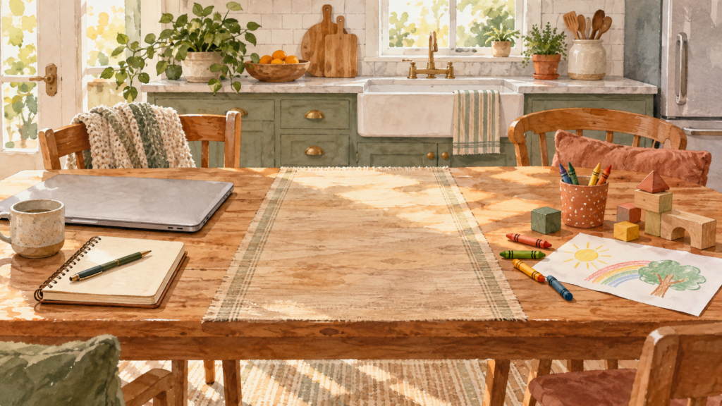 Watercolor illustration of a kitchen table with a laptop and notebook at one end, open space in the middle, and a child's drawing materials at the other.  