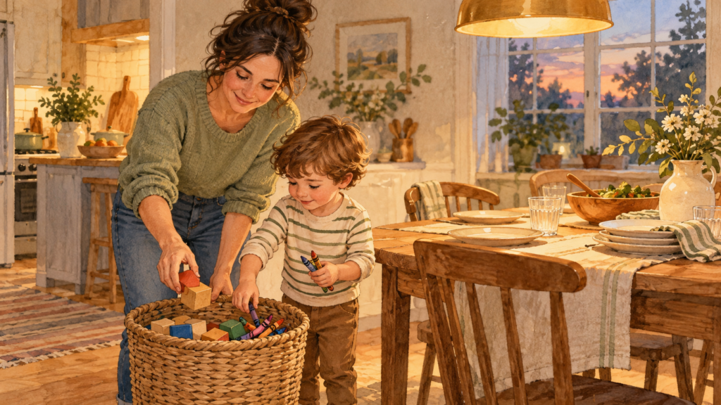 Watercolor illustration of a parent and young child putting crayons and wooden blocks into a basket before dinner.