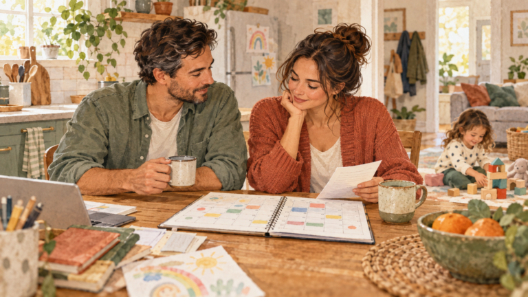 Two parents reviewing a family calendar and school paper together at the kitchen table