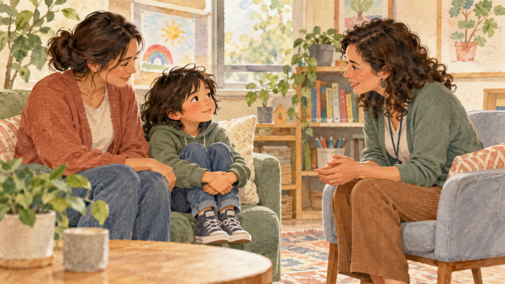 `One parent helps a child pack for school while the other prepares dinner in a shared evening routine