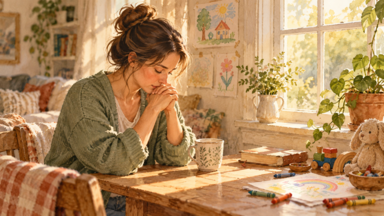 Mother pausing in quiet prayer beside a sunlit window in a lived-in family home.