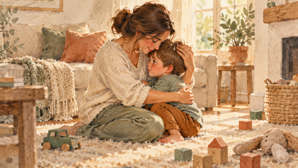 Mother comforting her young child after a difficult moment at home.