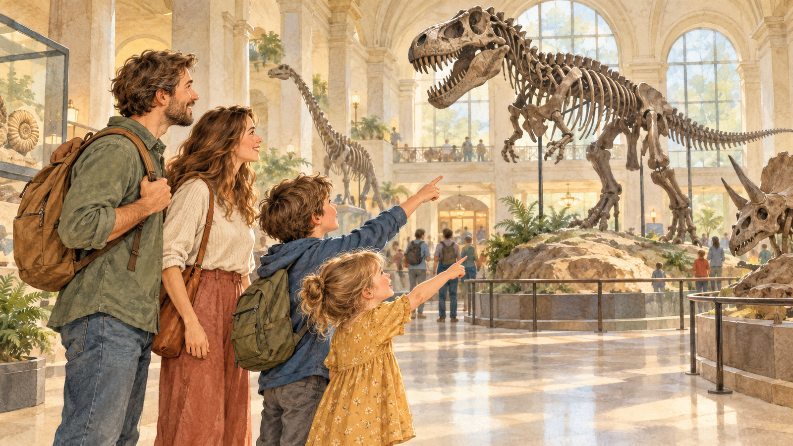 Watercolor illustration of a family with two children looking up at a dinosaur skeleton in a natural history museum.