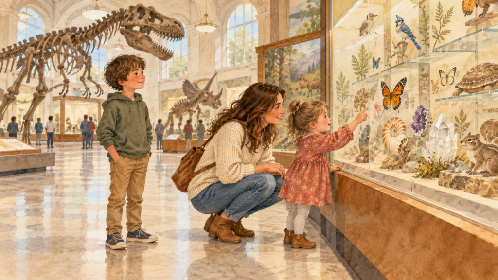 Watercolor illustration of a mother and two children taking time to study a butterfly display in a museum gallery.