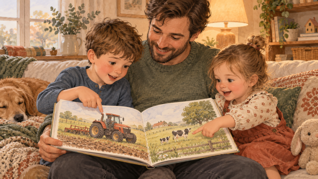 Watercolor illustration of a father and two children pointing to different details in a picture book about a farm.