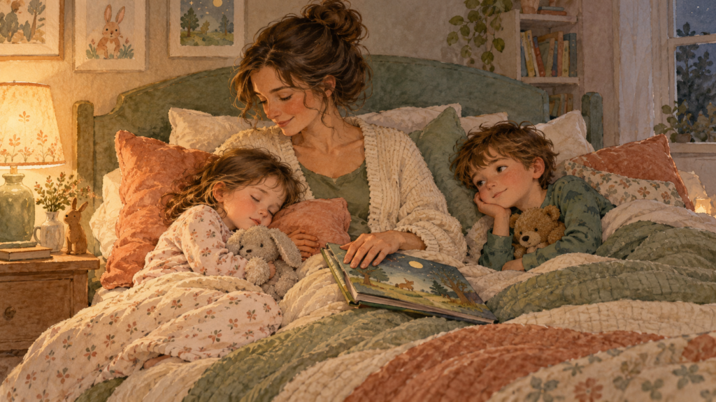 Watercolor illustration of a mother with a book beside a sleeping younger child and an awake older child at bedtime.
