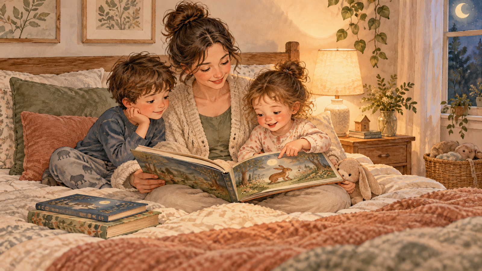 Watercolor illustration of a mother reading a picture book in bed with a six-year-old boy and a three-year-old girl.